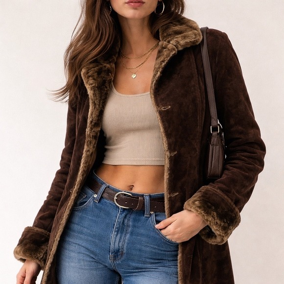 VTG Chocolate Brown Suede Leather Faux Fur Penny Lane Coat Medium Petite 70s - Picture 2 of 15